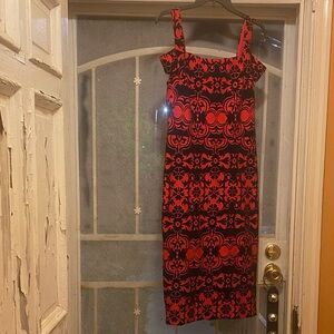 Red and Black Velvet and Knit Patterned Strap Midi Dress